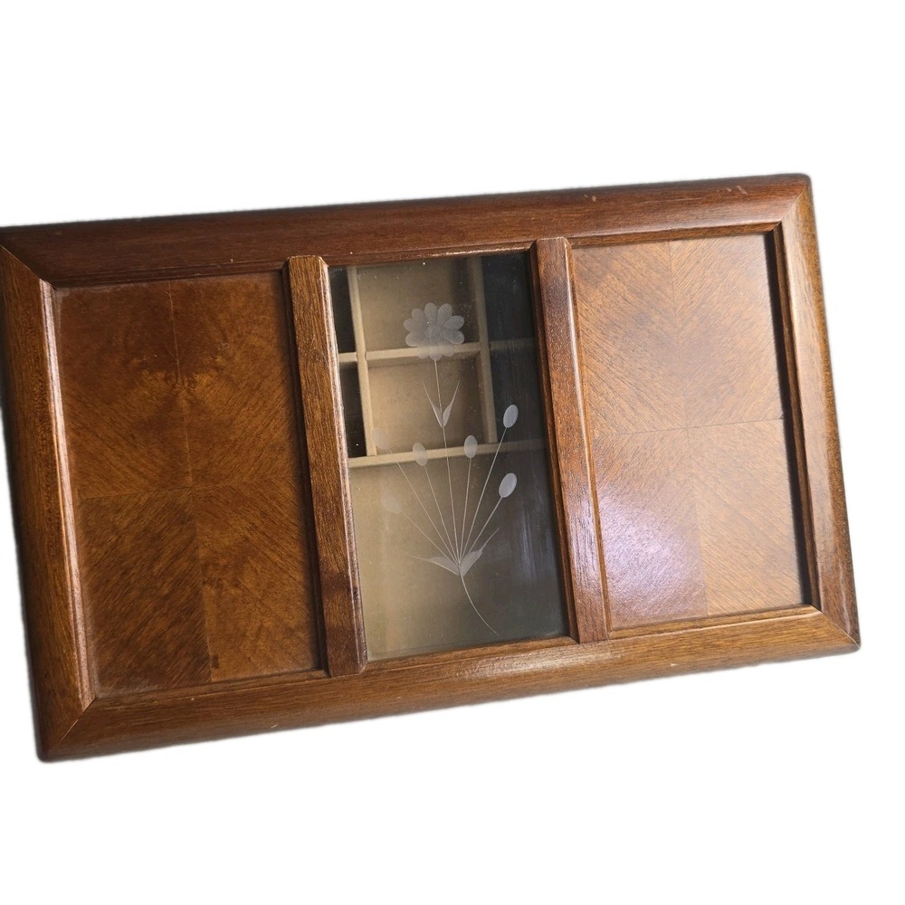 Wooden Tabletop Jewelry Holder Box Mirror Necklace & Ring Holder 11.5x7x3"